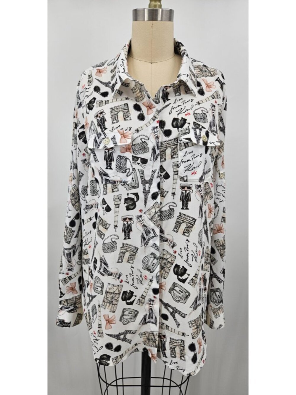 Karl Lagerfeld Paris Whimsical Logo Blouse Womens L Long Sleeve Eiffel Tower